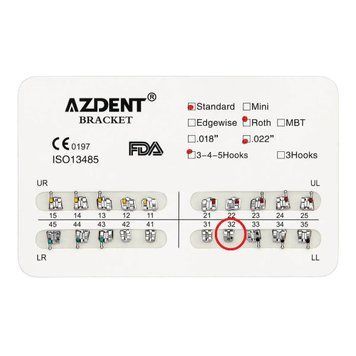 Брекет №32 Low Left для системи 2х4, Standart, Roth 0.22", 10 шт., Azdent Standart, Roth 0.22" LL32 фото