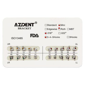 Azdent Mini MBT 0.18 &mdash; металеві ортодонтичні брекети з гачками 3-4-5, набір 20 шт Mini, MBT 0.18", 3-4-5 фото