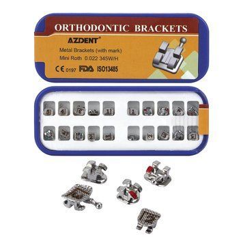 Azdent Mini Roth 0.22 Laser Mark &mdash; металеві ортодонтичні брекети з гачками 3-4-5, набір 20 шт Laser Mini Roth 0.22,345 фото