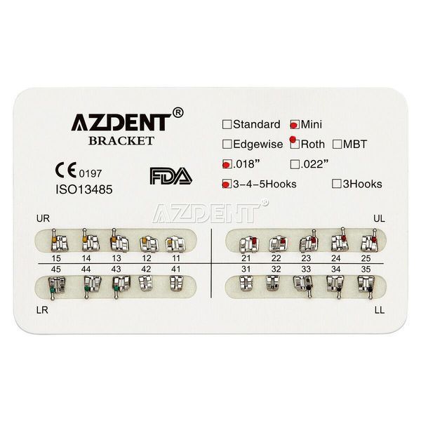 Azdent Mini Roth 0.18 &ndash; металлические ортодонтические брекеты с крючками 3-4-5, набор 20 шт. 1403432594 фото